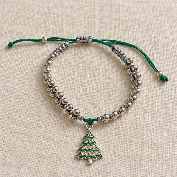 Children's Christmas Tree Macramé Bracelet – Green & Silver, Adjustable
