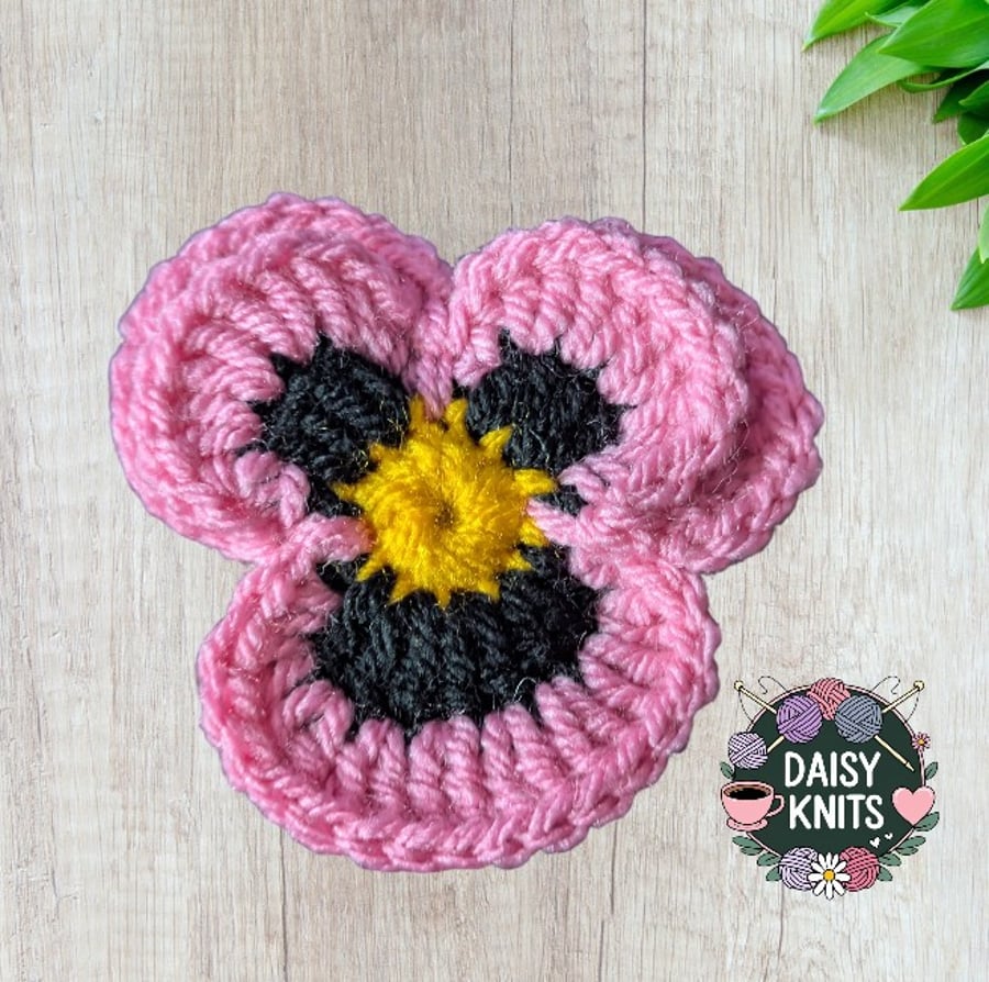 Hand Knitted Light Pink Pansy Brooch