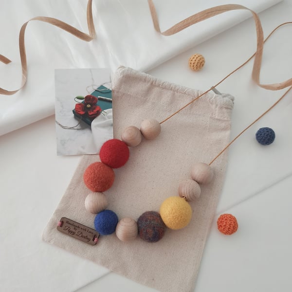 Needle Felted Wool & Wood Mix Necklace-Primary Mix