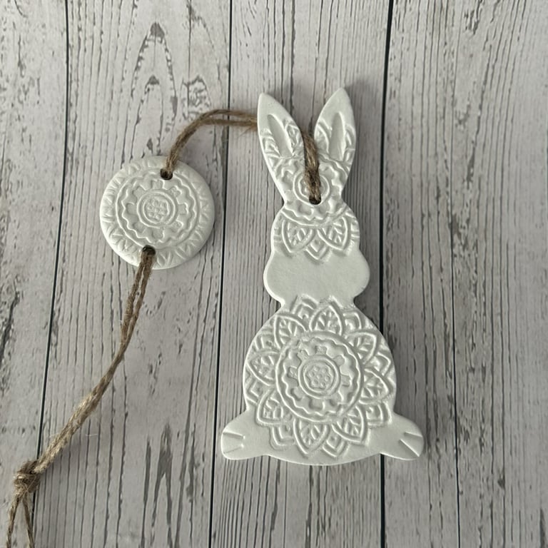 Handmade Rustic Clay Easter Bunny – Mandala Wall Hanging – Spring Gift & Décor