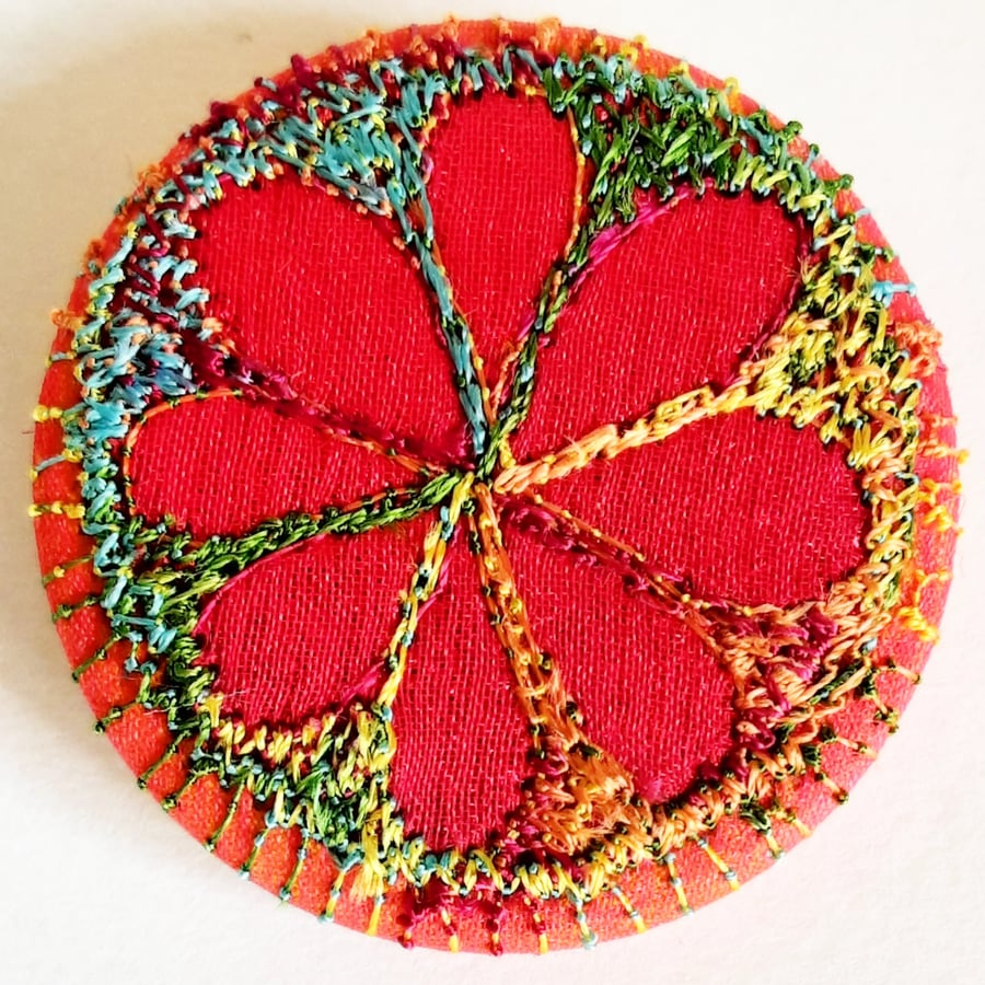 38mm Hand Dyed Fabric Flower Botanical Badge with Free Machine Embroidery 