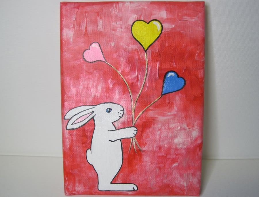 SALE Bunny Rabbit Original Painting with Love Heart Balloons Original Art