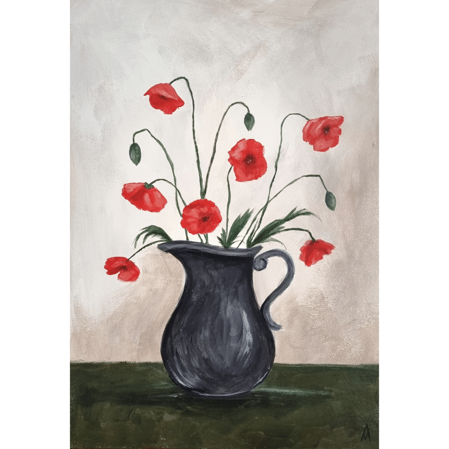 Red Poppy Flowers Original Acrylic Painting - Unframed 