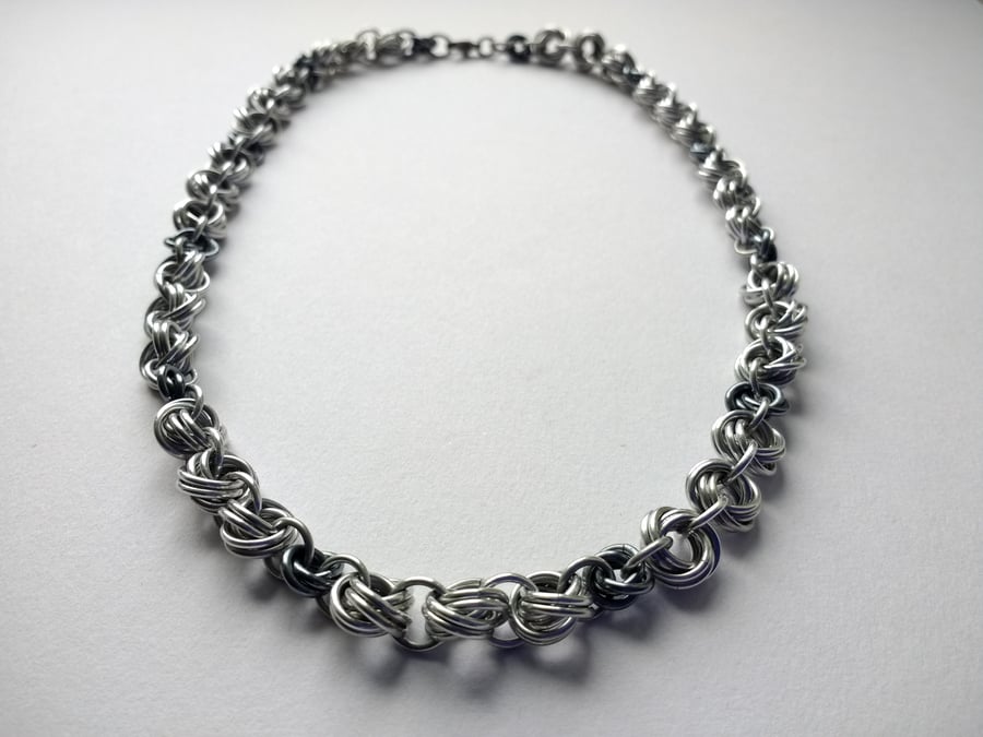 Mixed Double Flower Woven Chain Mail Necklace, Anodised Aluminium 17"