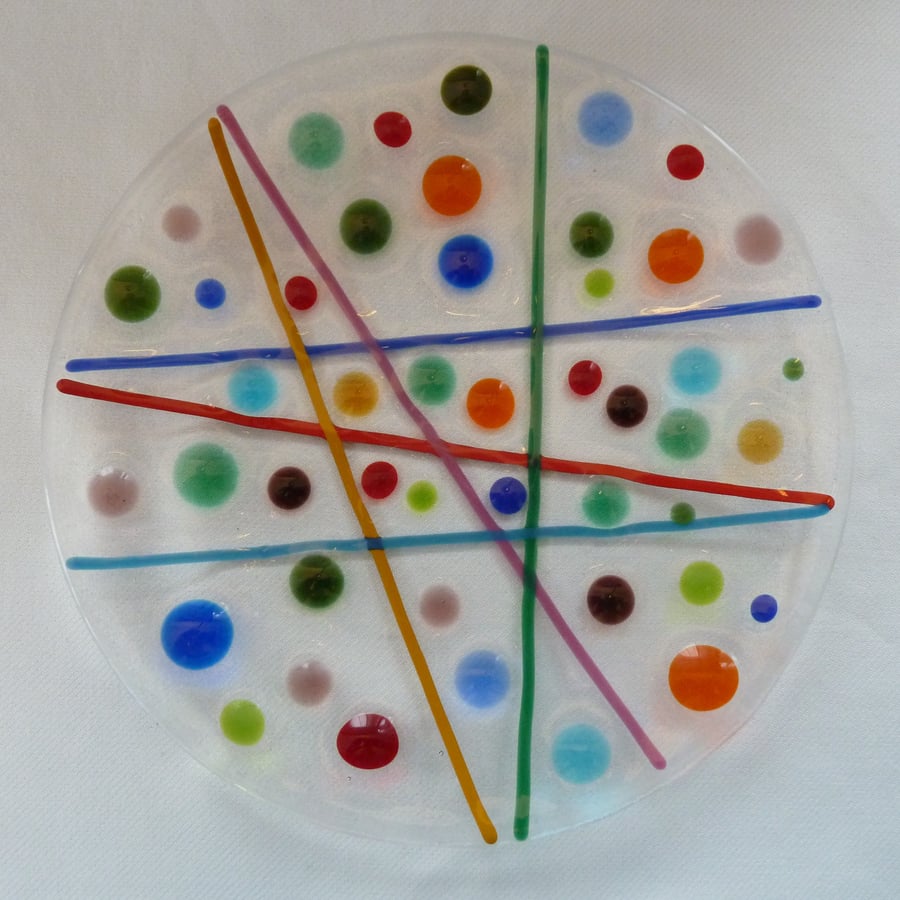 colourful line and dot design fused glass plate, 20cm