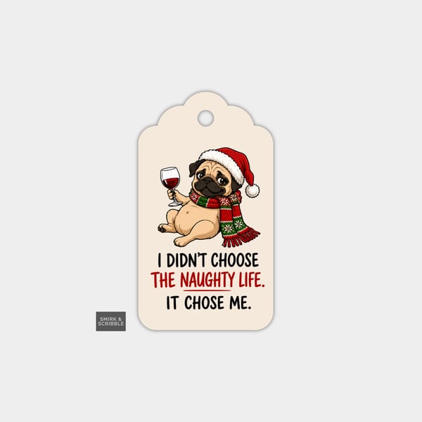 Unique Funny Christmas Gift Tags For Adults, 6pk - Naughty Life Pug