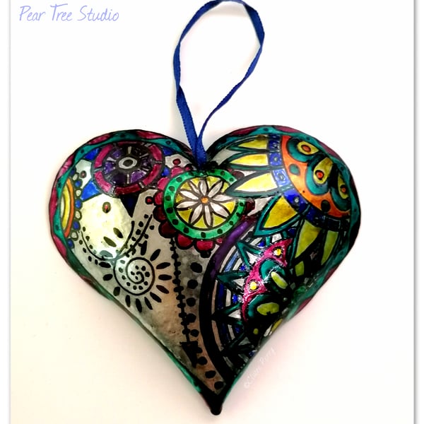 Handmade Metal Embossed Heart Hanging decoration.