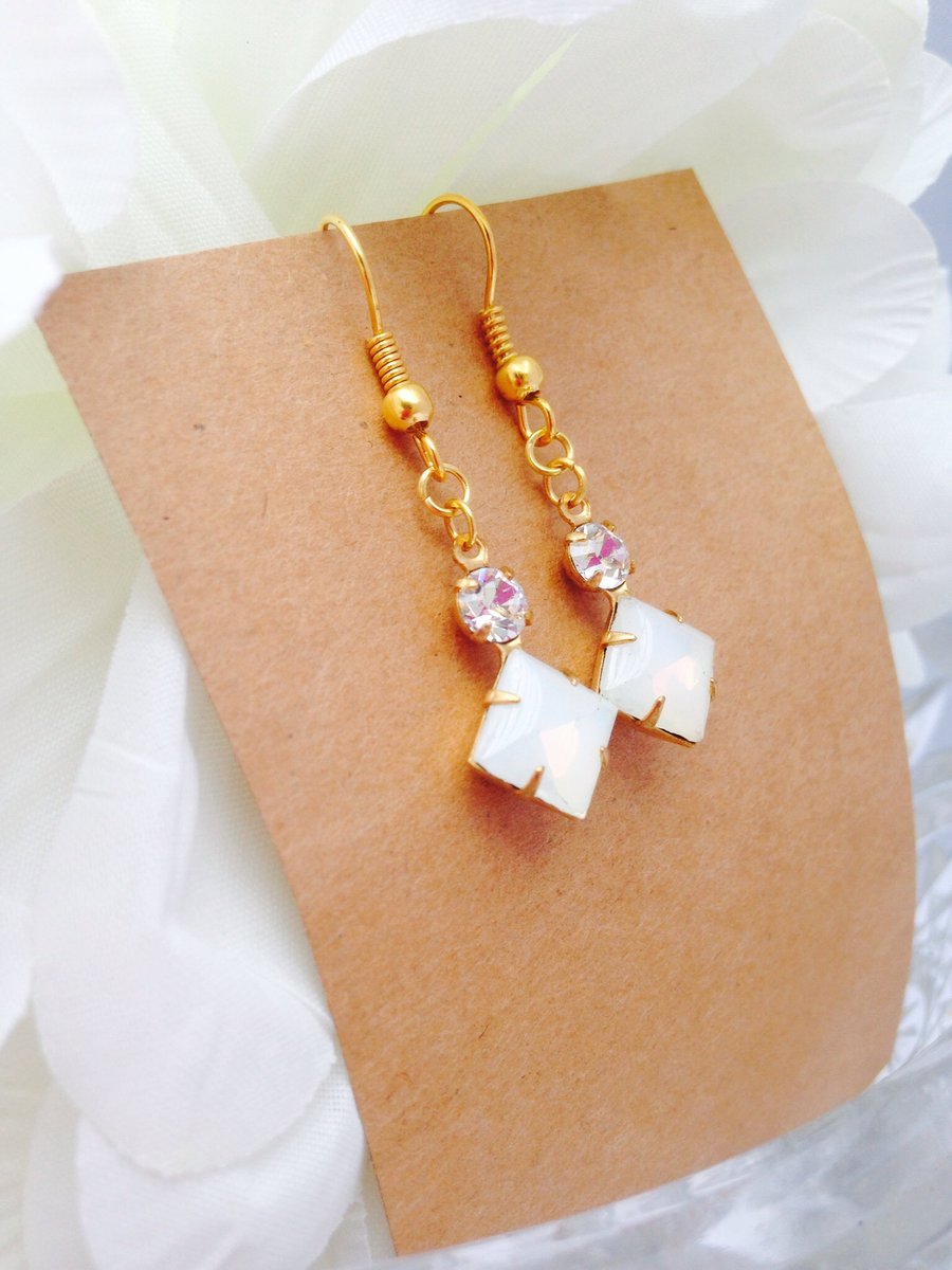 Square white opal earrings with swarvoski crystals & antique brass