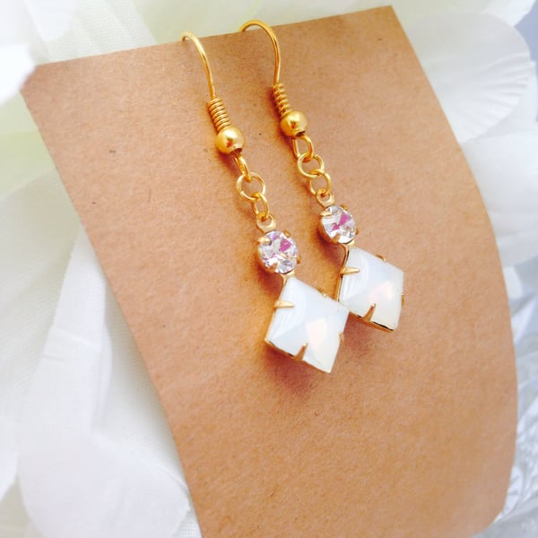 Square white opal earrings with swarvoski crystals & antique brass