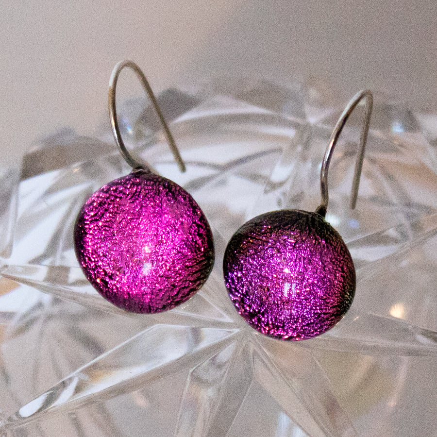 Pink Dichroic Glass Earrings on Silver Wires - 2027
