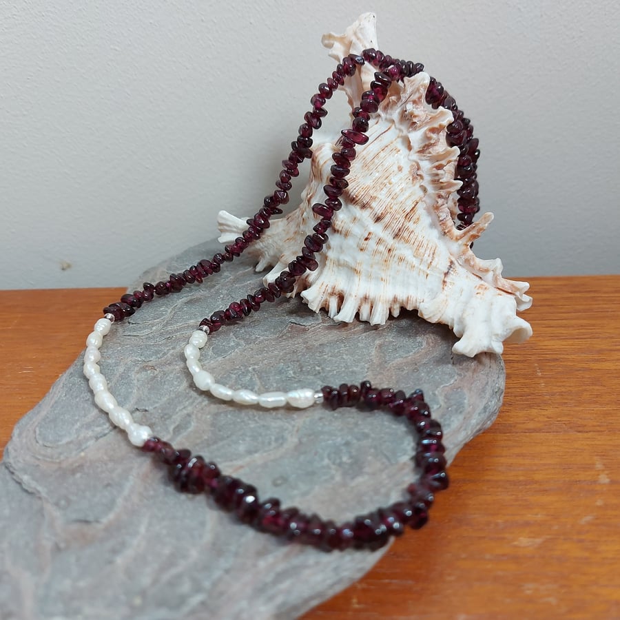Garnet and Freshwater Pearl Necklace, Medium length, Silver clasp