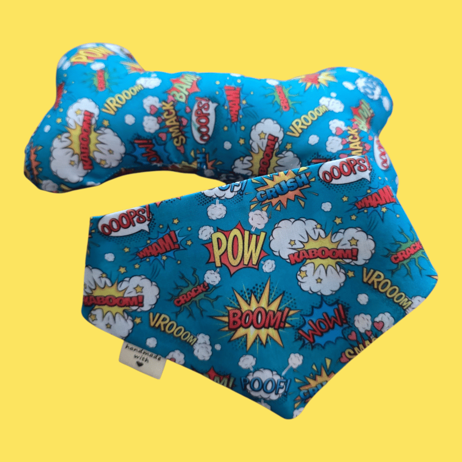Comic strip style dog bandana size sand matching toy bone
