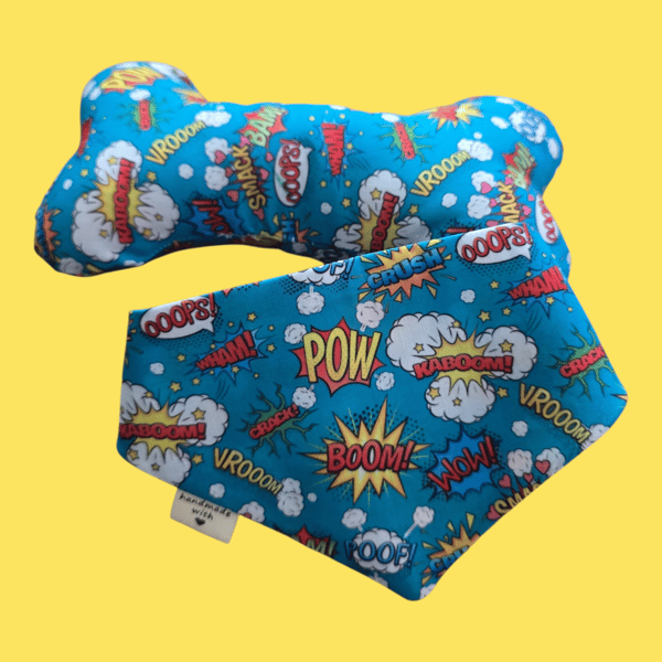 Comic strip style dog bandana size sand matching toy bone