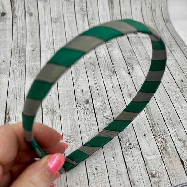 School Hunter Green and Grey 1.8cm striped Hairband