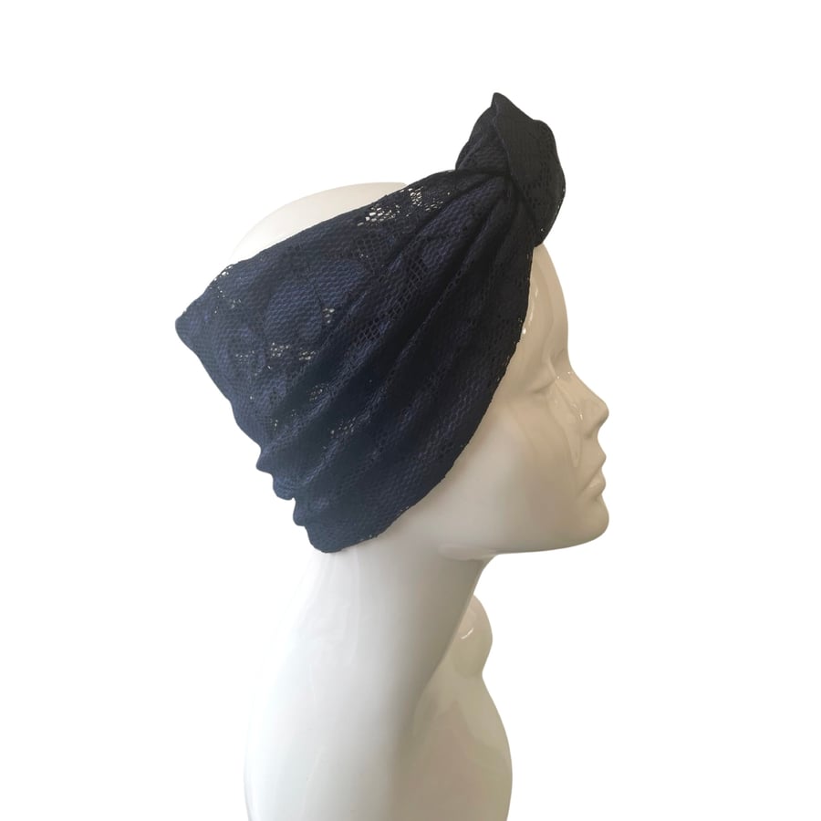Navy Blue Wide Lace Headband for Women, Stylish Soft Lightweight Women's Turban 