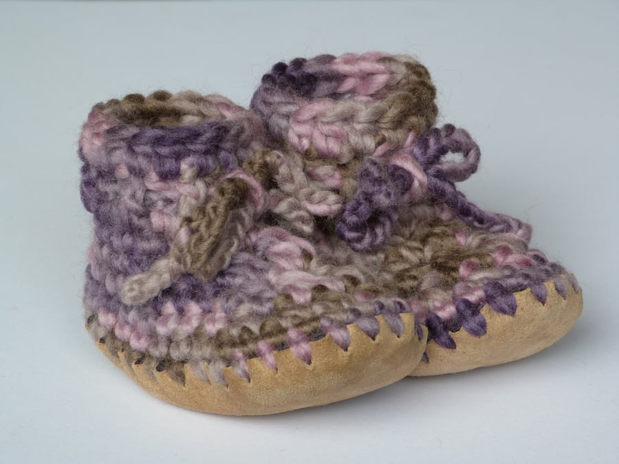 Wool & leather crochet baby boots lavender mix 12-18 months