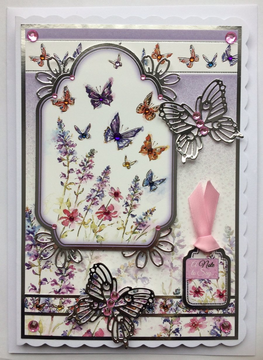 Birthday Card A Note to Say Card Silver Butterflies Wild Flowers and Gems