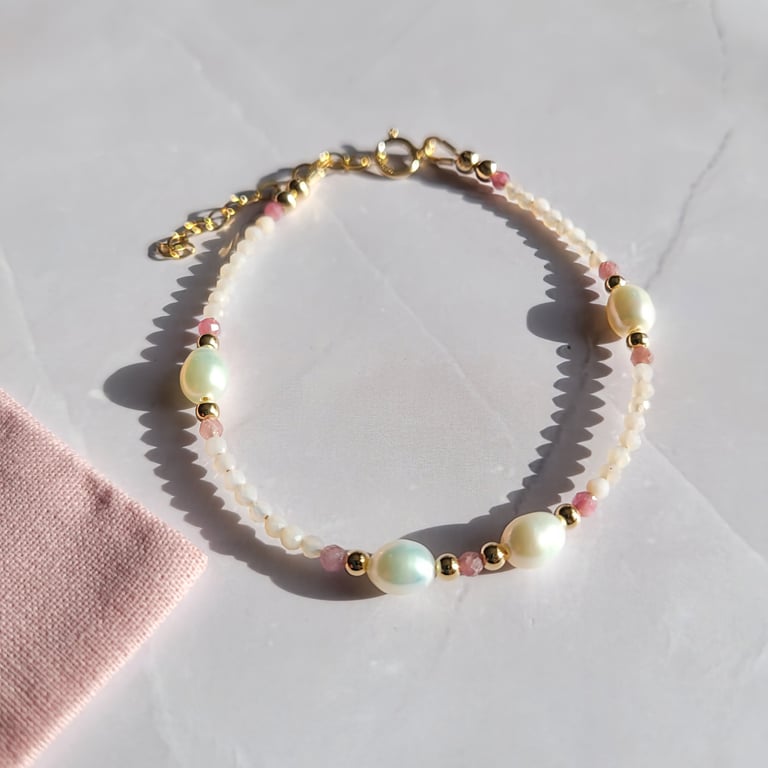 Pink Opal, Tourmaline & Pearl Bracelet, Gold Filled October Birthstone Bracelet