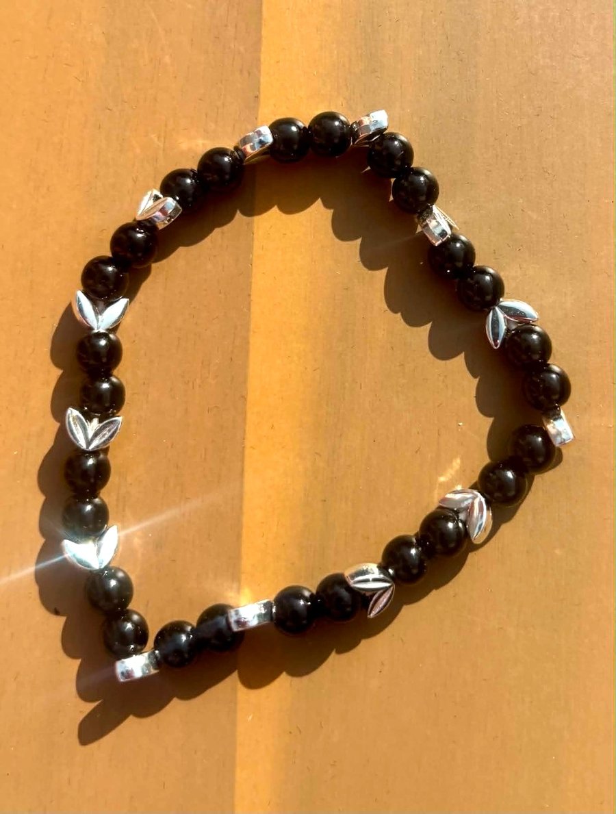 Handmade Black Beaded Bracelet with Silver-Tone Spacers