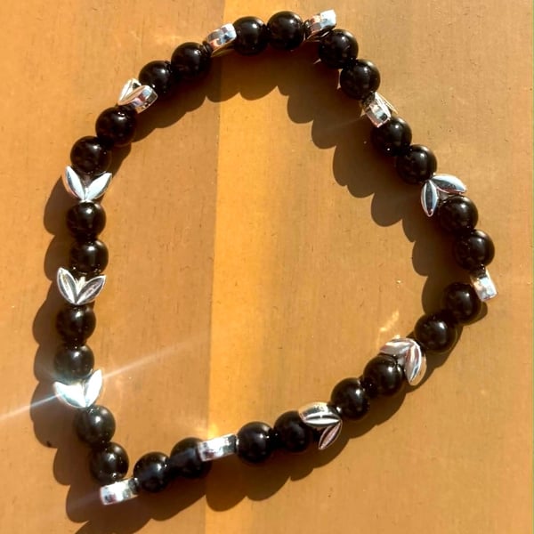 Handmade Black Beaded Bracelet with Silver-Tone Spacers