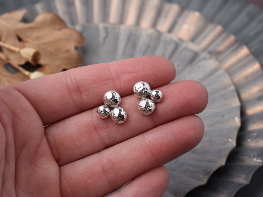 Sterling Silver Stud Earrings - Cluster Earrings - Silver Nugget Studs 