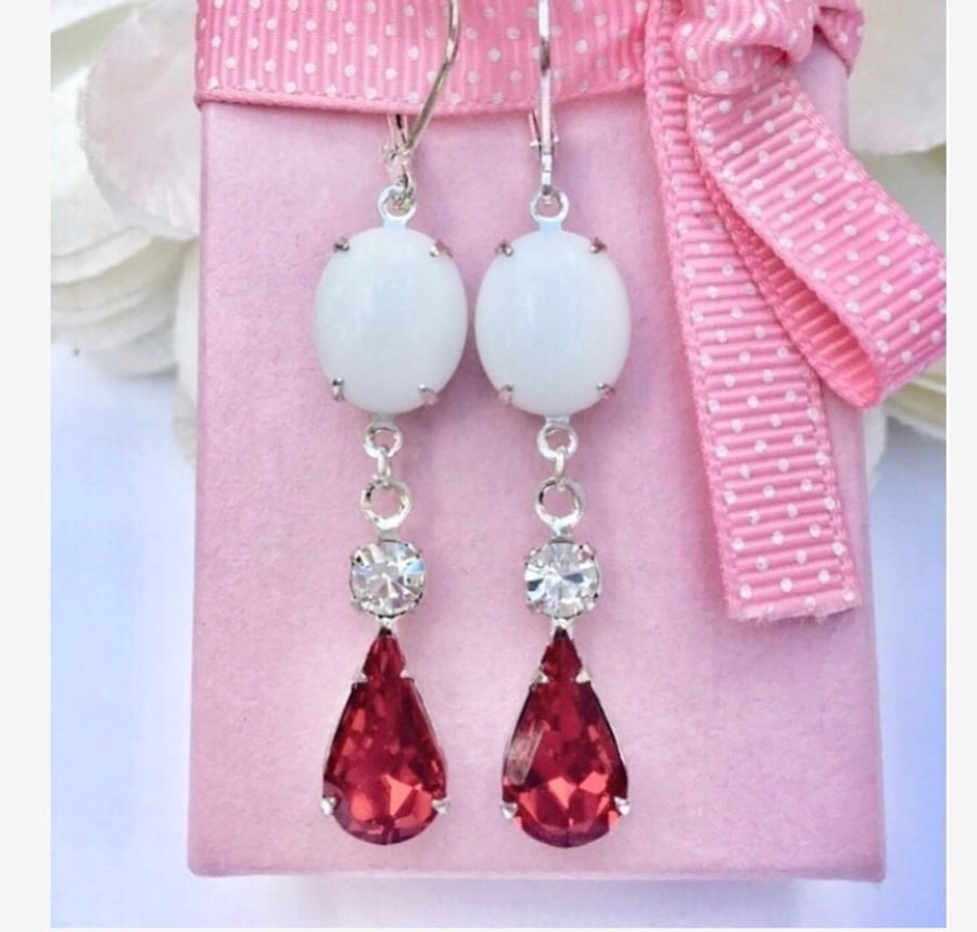  Red Rhinestone teardrop earrings with vintage white glass . 