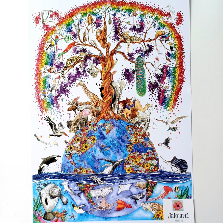 Limited edition rainbow earth colourful illustration art print