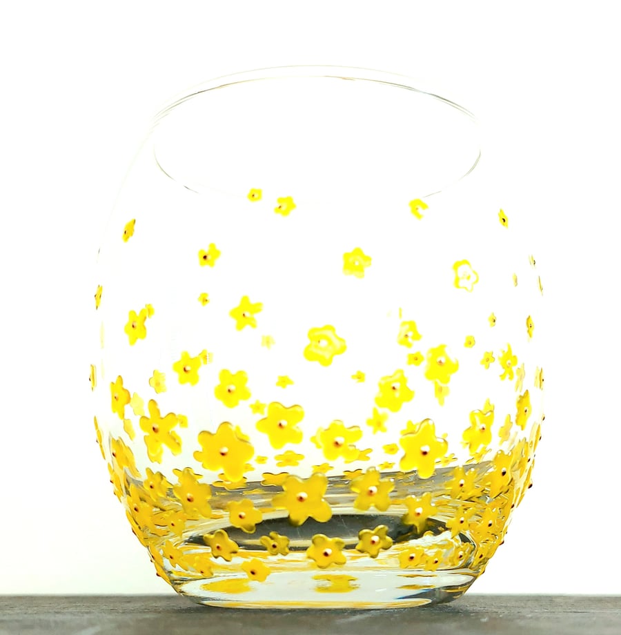 Hand Painted Glass Tumbler 'Buttercup' Yellow Flower