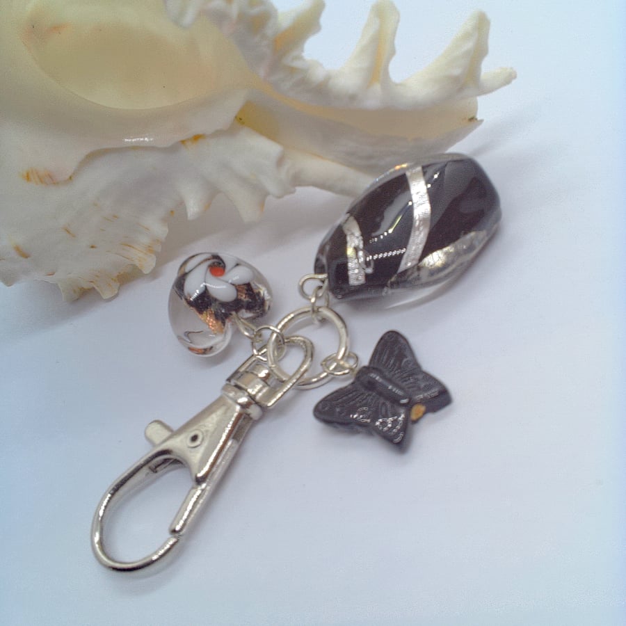 Black Lampwork Bead Heart and Butterfly Bag Charm, Bag Charm, Thank You Gift