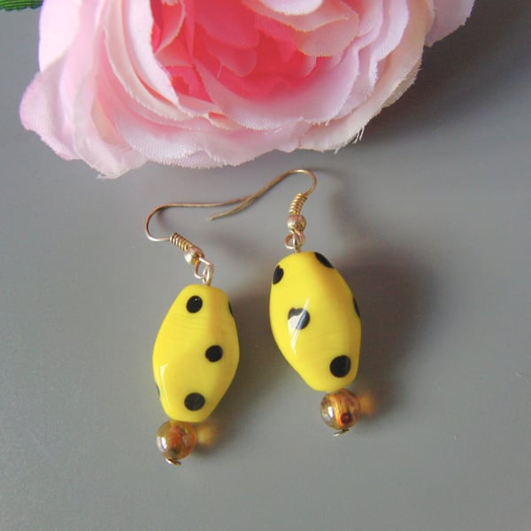 Yellow Art Glass Bead with Black Spots Earrings, Gift for Her, Yellow Earrings