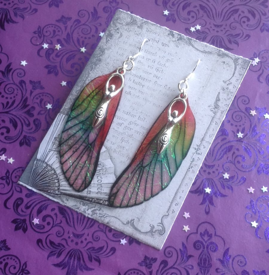Large Red Mackintosh Style Fairy Wing Goddess Sterling Silver Earrings