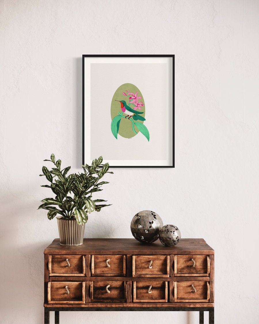 Hummingbird Illustration Art Print - Green