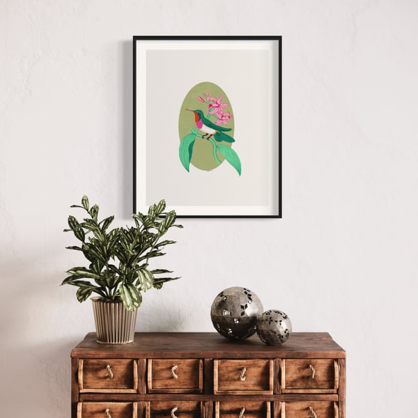 Hummingbird Illustration Art Print - Green