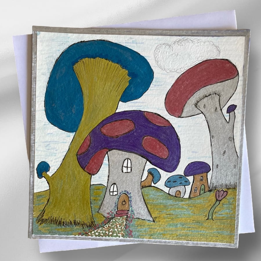 Fantasy Mushroom Greetings Card. Blank Mushroom Village Card.
