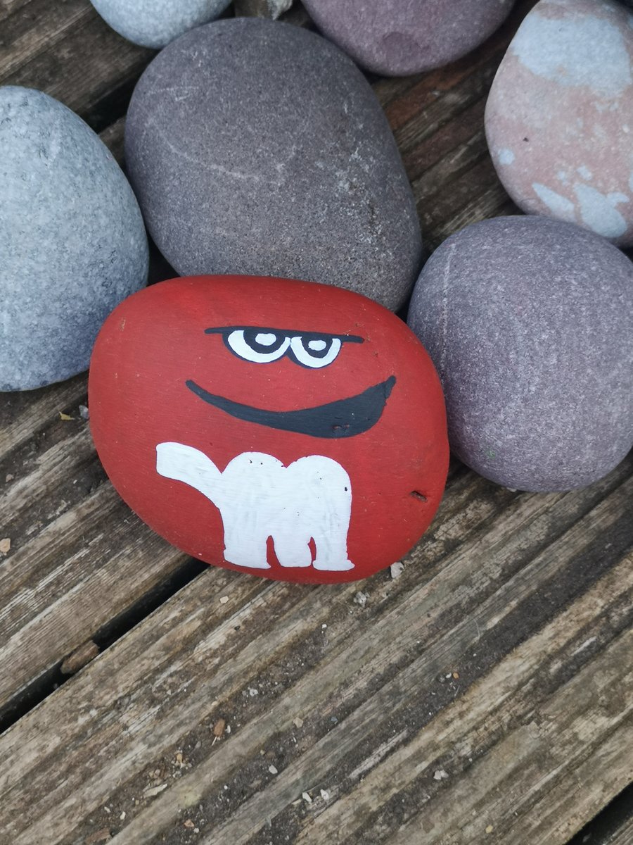 Red M&m sweet painted rock pebble 
