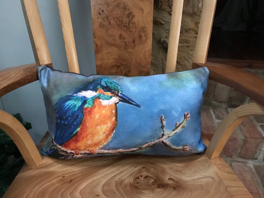Luxurious kingfisher cushion by British artist