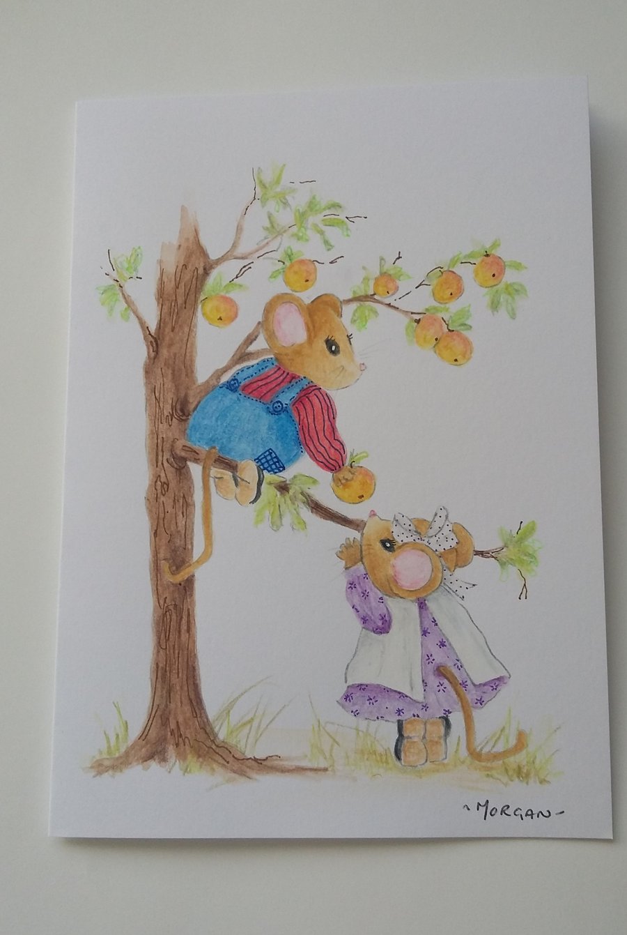 HAND PAINTED WATER COLOUR CARD  OF  MICE 
