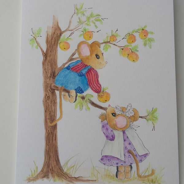 HAND PAINTED WATER COLOUR CARD  OF  MICE 