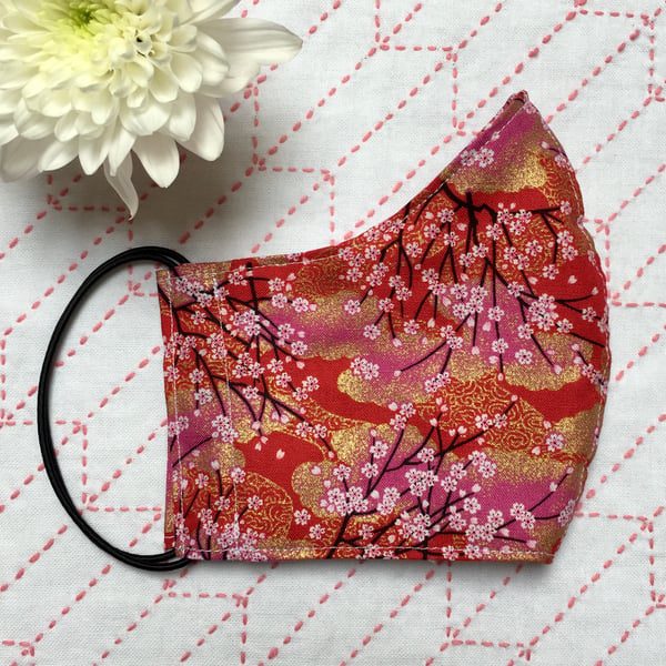Women's Handmade Pink Cerise Japanese Blossoms Cotton Face Mask Reusable