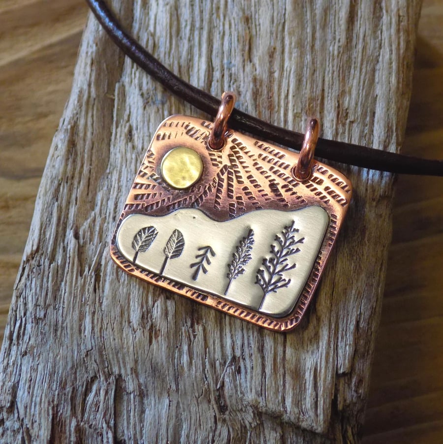 Copper and silver 'tender trees' pendant, scene pendant