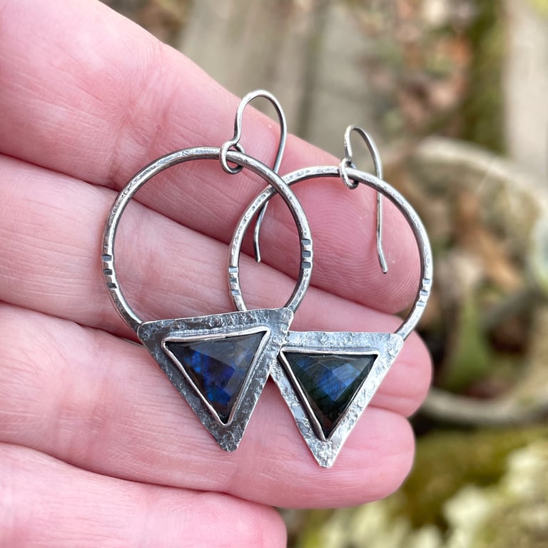 Oxidised silver and labradorite tribal triangle earrings