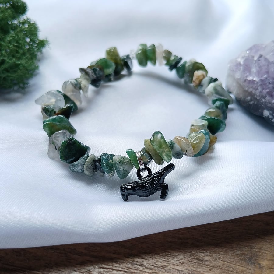 Pagan Crow Raven Handmade Bracelet with Moss Agate 