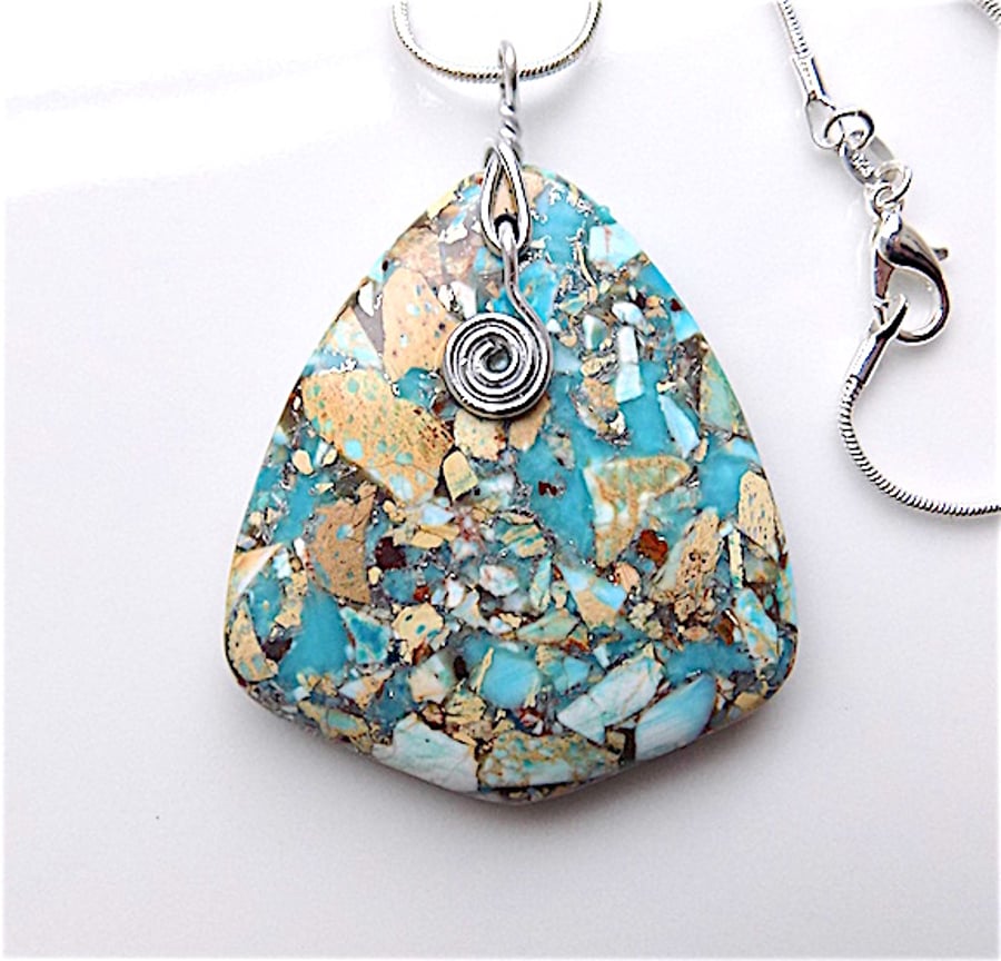 Sea sediment jasper pendant necklace, 925 silver snake chain with lobster clasp.