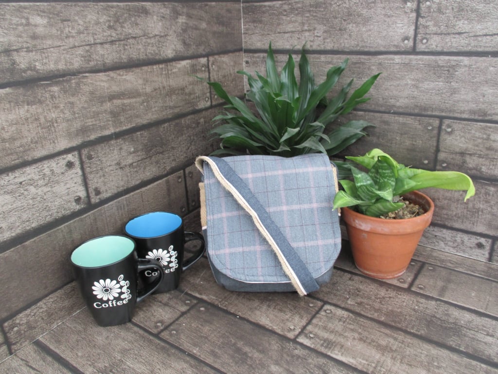Upcycled Coffee Sack - Mini Shoulder Bag - Grey and pink check