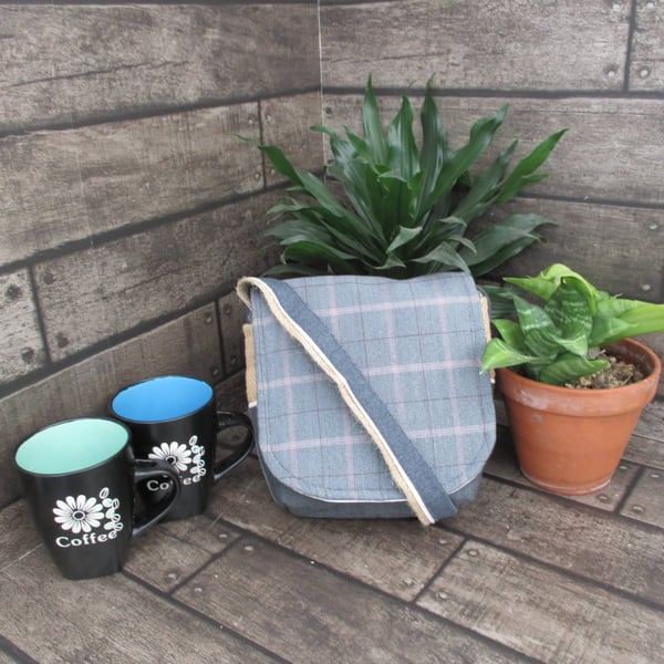 Upcycled Coffee Sack - Mini Shoulder Bag - Grey and pink check
