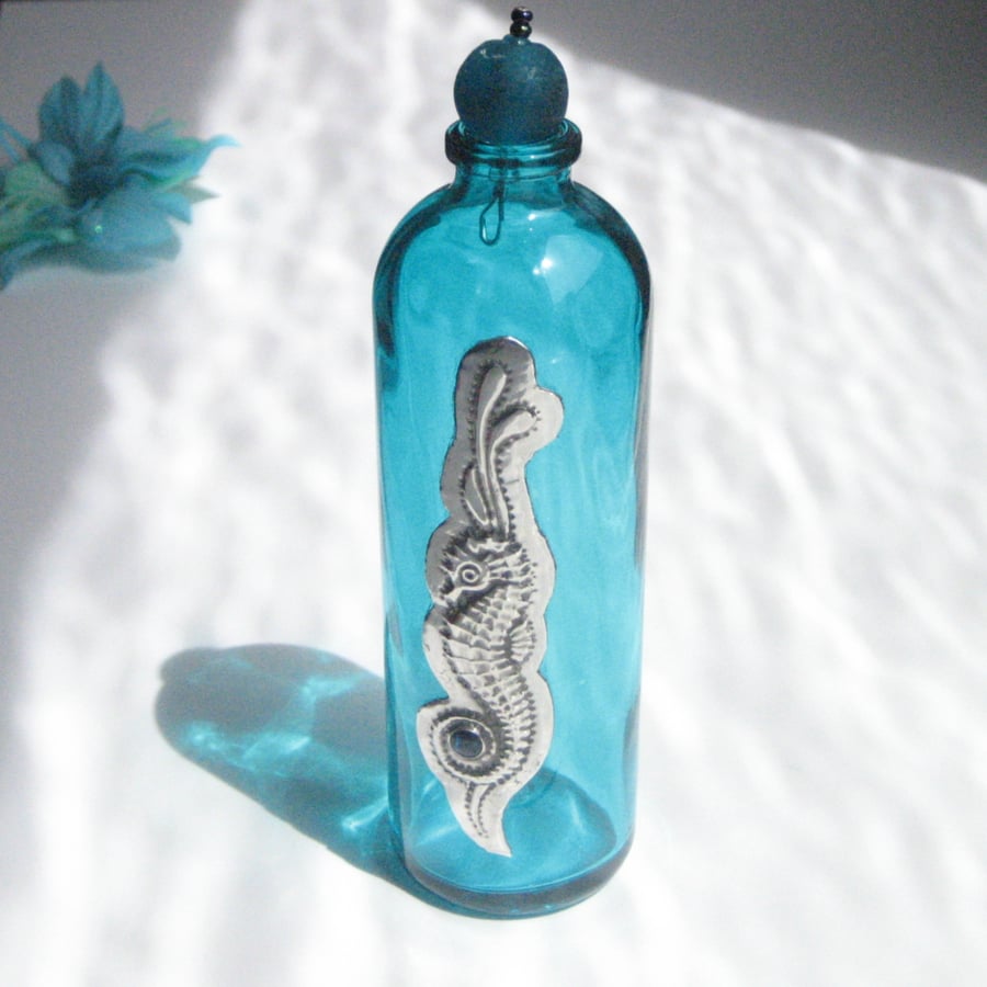 Glass Bottle Vase with Silver Pewter Seahorse