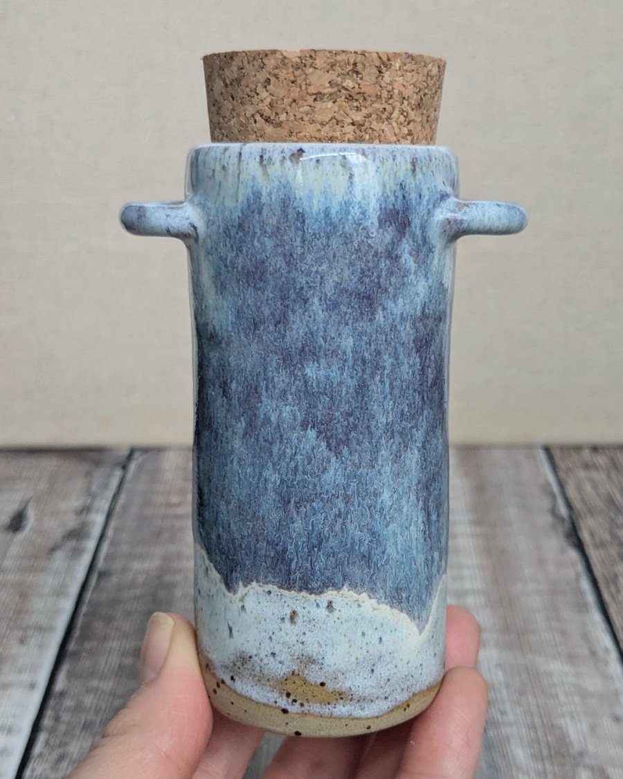 Perfectly imperfect Ceramic tall thin pot with cork lid, purple-y blue