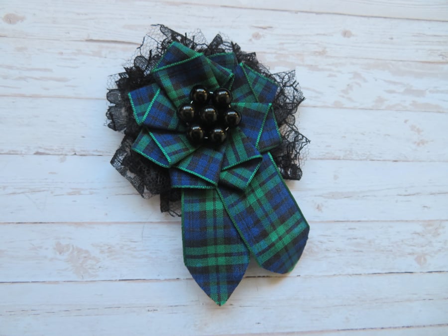 Black Watch Tartan Plaid Ribbon Ruffle Lace Rosette Celtic Brooch Corsage Pin