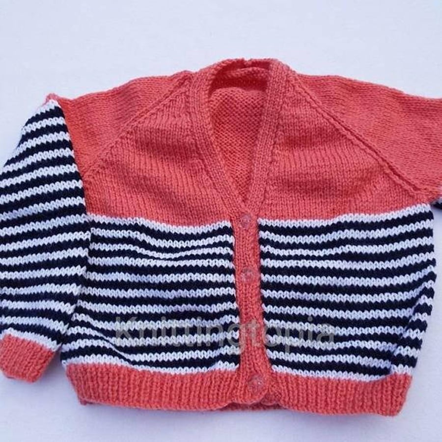 Hand knitted cardigan - v neck - stripes - salmon white and navy blue - 22 inch 