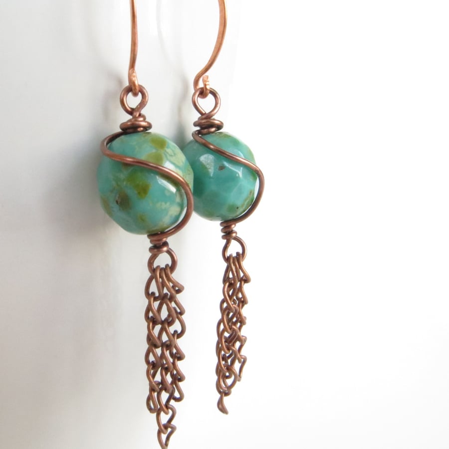 SALE Copper and Turquoise Earrings, Sea Foam Earrings, Long Earrings
